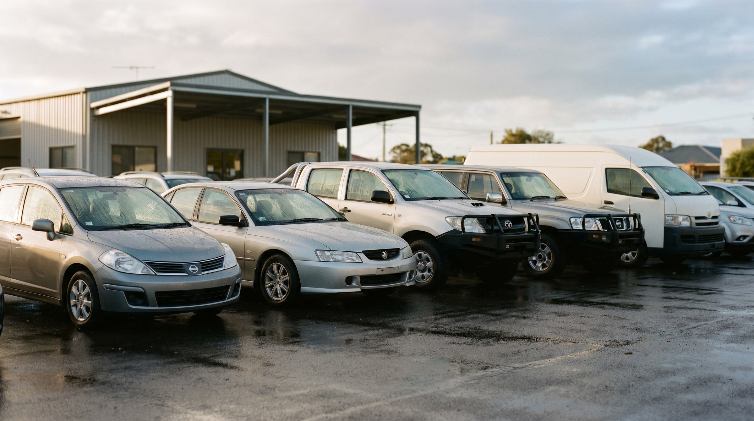 Row of second-hand cars on an Australian dealership forecourt in the morning