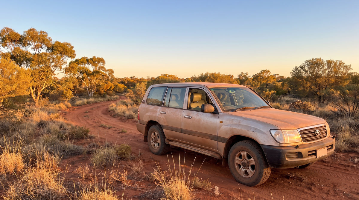 Toyota LandCruiser on a red dirt track in the Australian bush at golden hour