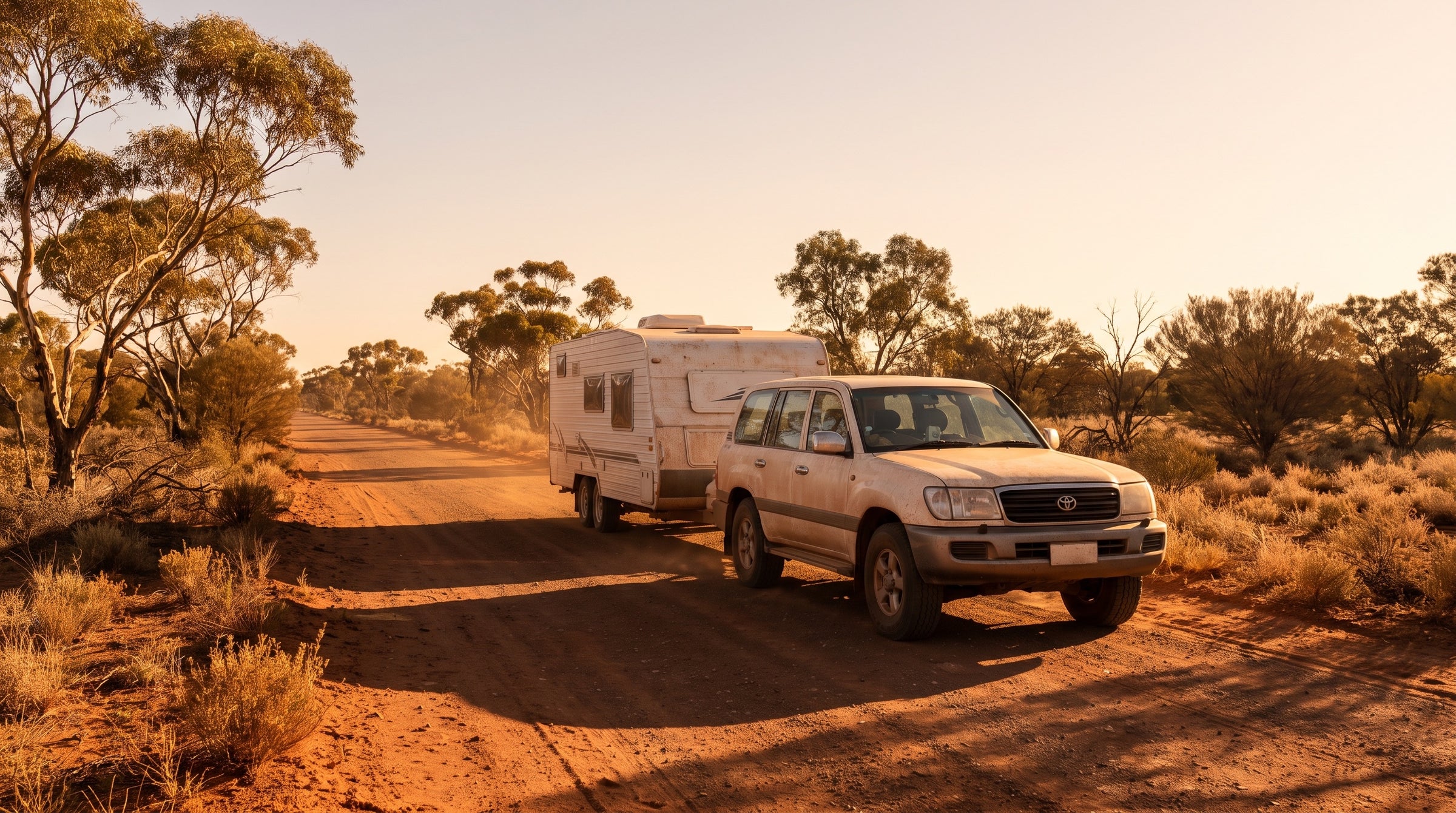 LandCruiser towing a caravan on an outback highway at golden hour