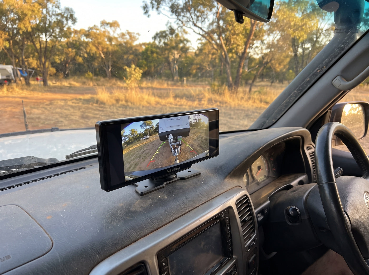Evara Display showing a reverse camera view while hitching up a caravan