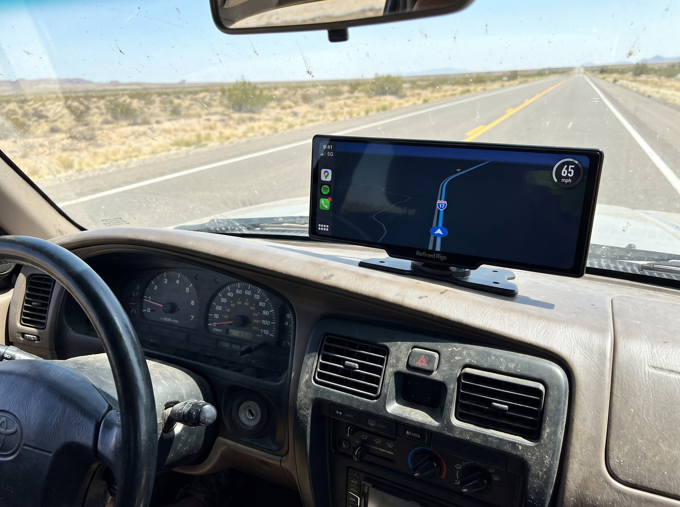 Evara Display showing interstate navigation in a Toyota 4Runner on a desert highway