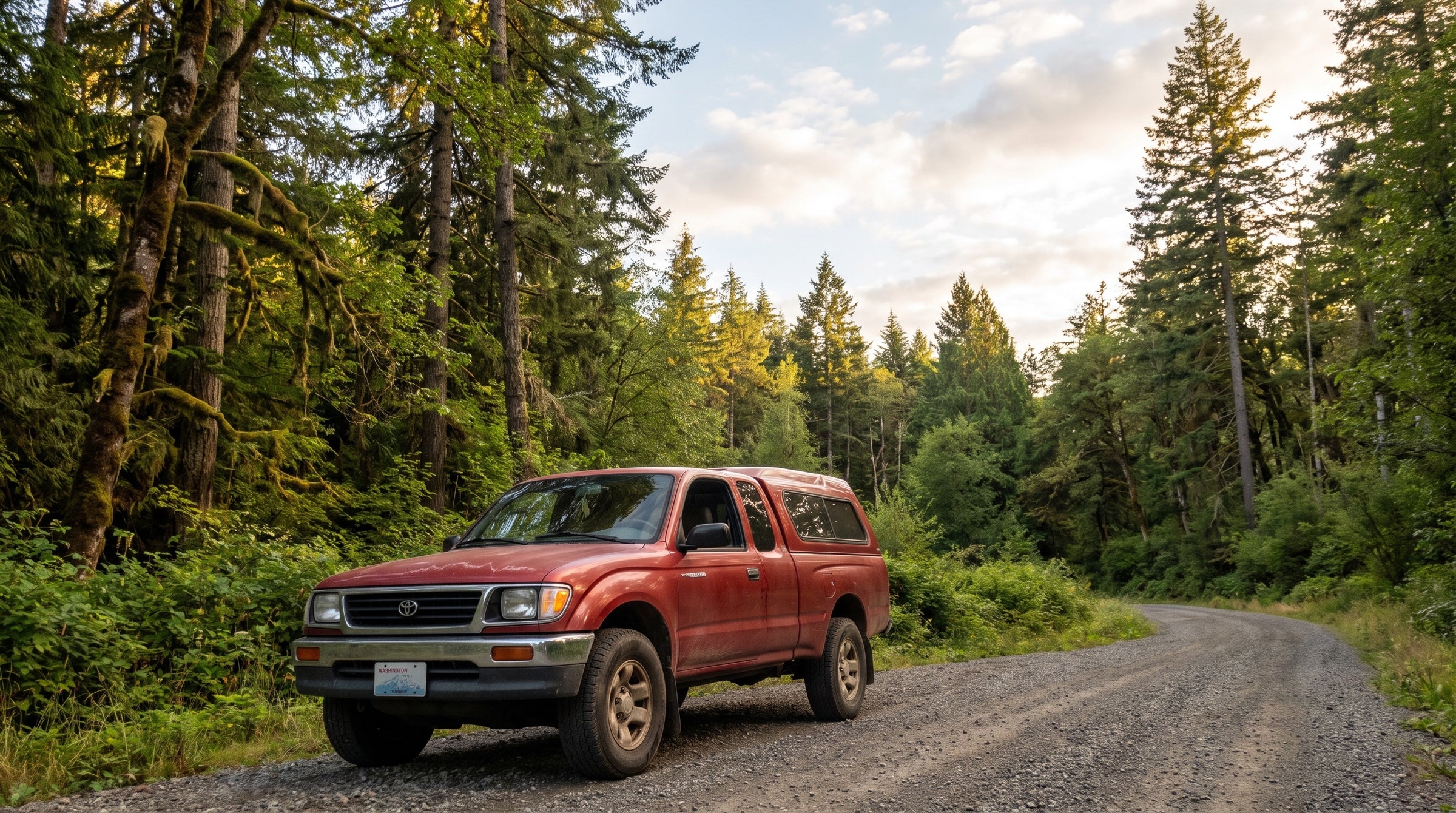 Older Toyota Tacoma with a topper on a Pacific Northwest forest road